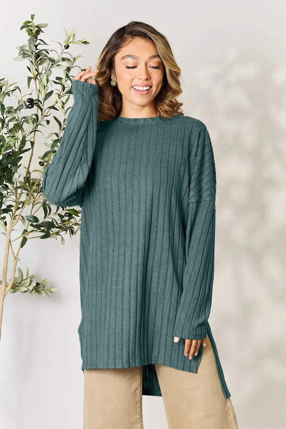 Basic Bae Full Size Ribbed Round Neck Long Sleeve Slit Top - Love Salve